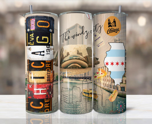 ColorFlow | Chicago Windy City Icons 20oz Skinny Stainless Steel Tumbler with Straw | Bean Skyline Illinois Travel Cup