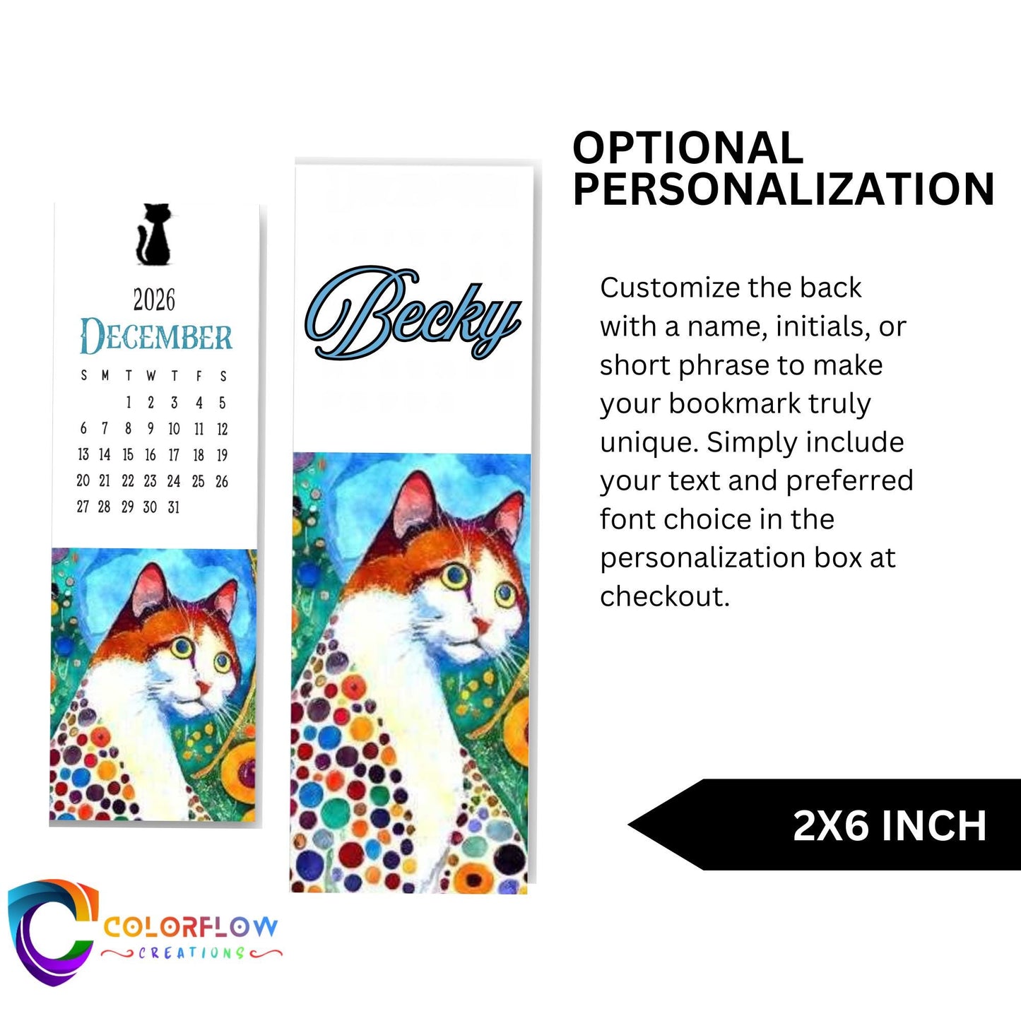 ColorFlow | 12 Month Cat Art Metal Bookmark Set Vibrant Illustrated Calendar Collection for Readers Gift Set | Optional Personalization