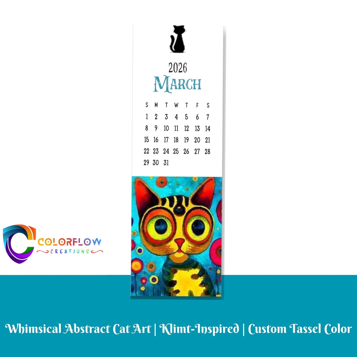ColorFlow | 12 Month Cat Art Metal Bookmark Set Vibrant Illustrated Calendar Collection for Readers Gift Set | Optional Personalization