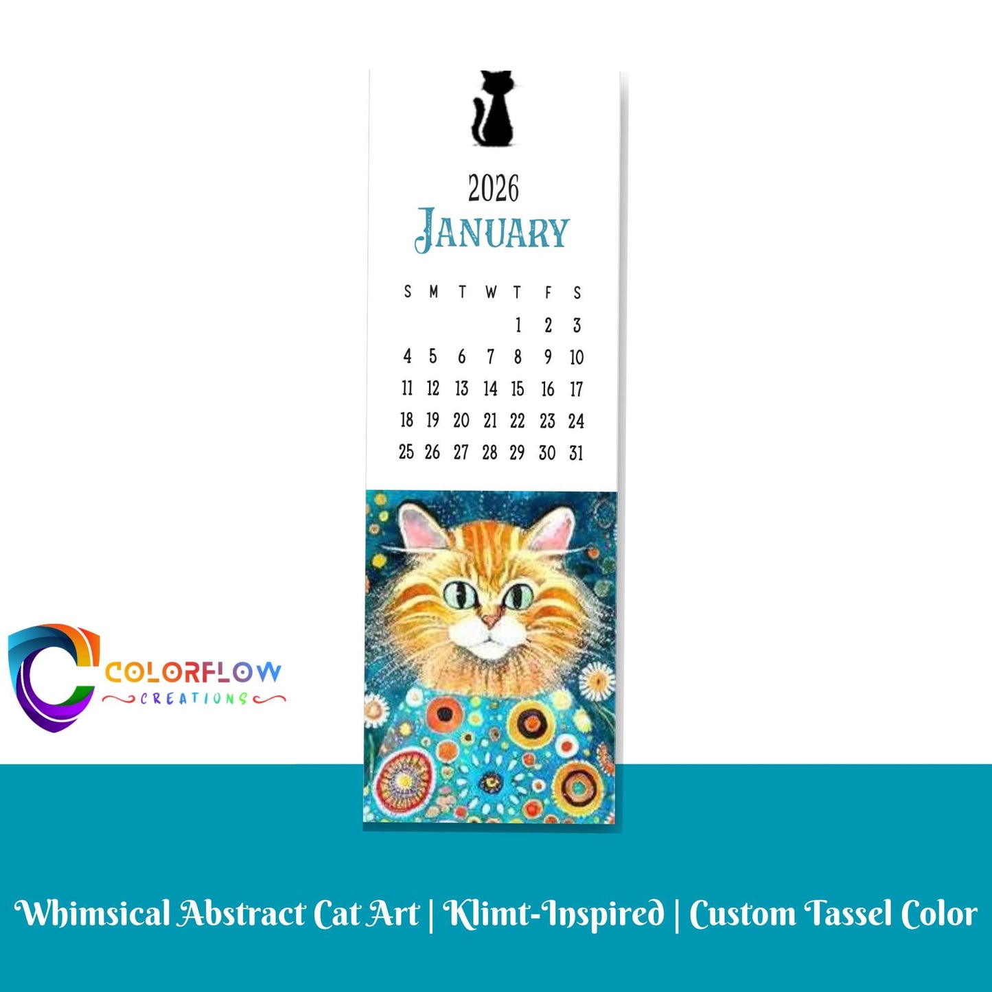 ColorFlow | 12 Month Cat Art Metal Bookmark Set Vibrant Illustrated Calendar Collection for Readers Gift Set | Optional Personalization
