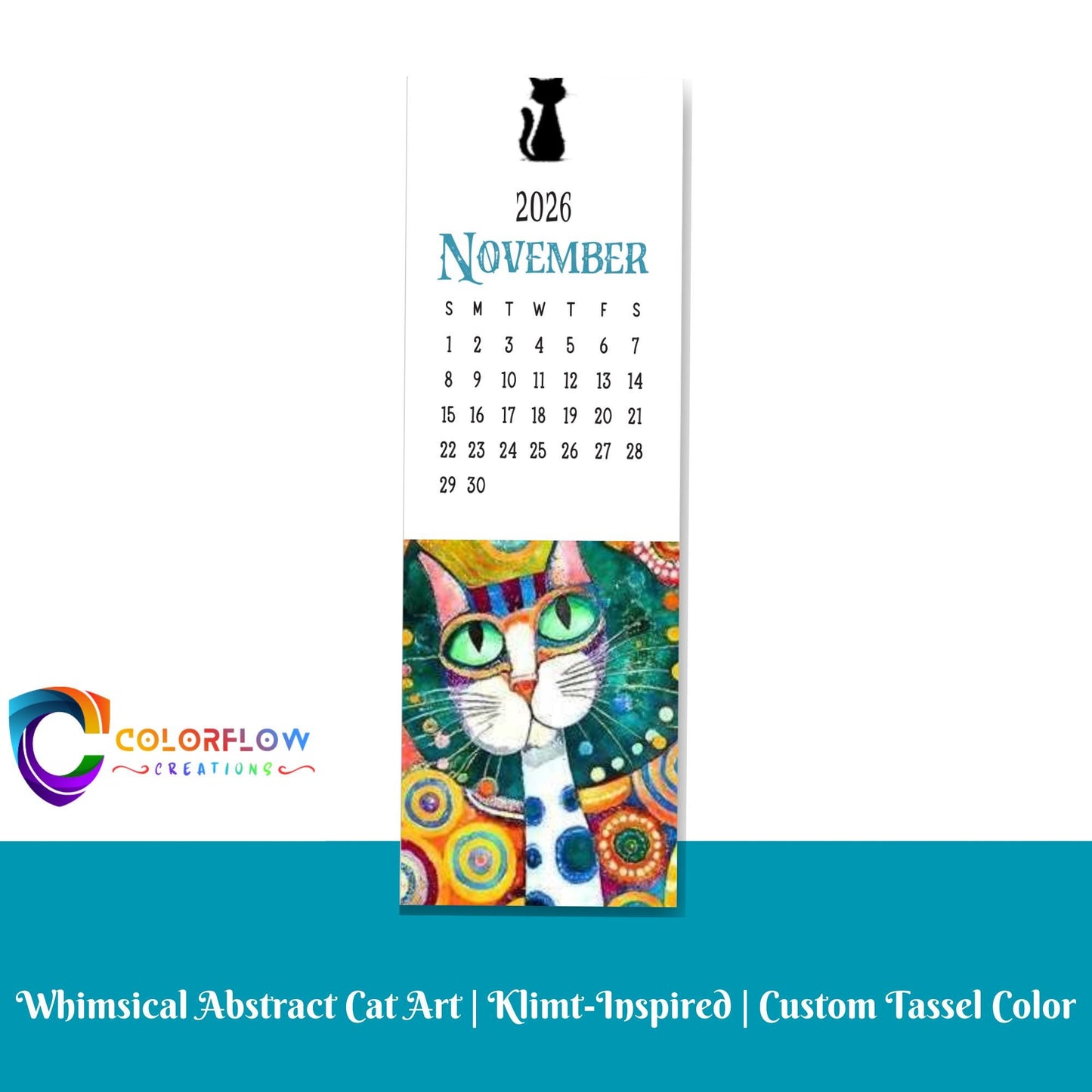 ColorFlow | 12 Month Cat Art Metal Bookmark Set Vibrant Illustrated Calendar Collection for Readers Gift Set | Optional Personalization