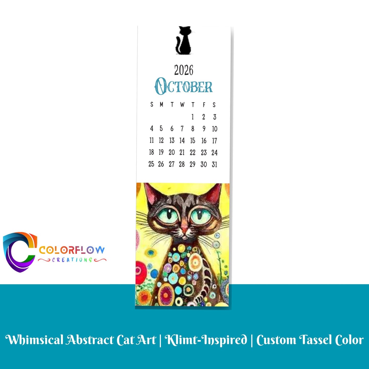 ColorFlow | 12 Month Cat Art Metal Bookmark Set Vibrant Illustrated Calendar Collection for Readers Gift Set | Optional Personalization