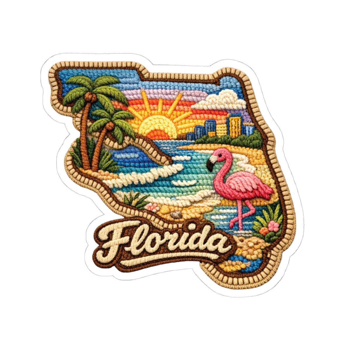 ColorFlow | Florida Coastal Sunrise Vinyl Sticker | Palm Shores Flamingo and Tropical Skyline Art
