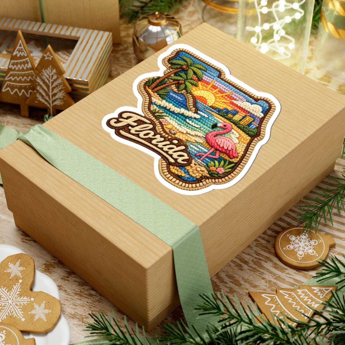 ColorFlow | Florida Coastal Sunrise Vinyl Sticker | Palm Shores Flamingo and Tropical Skyline Art