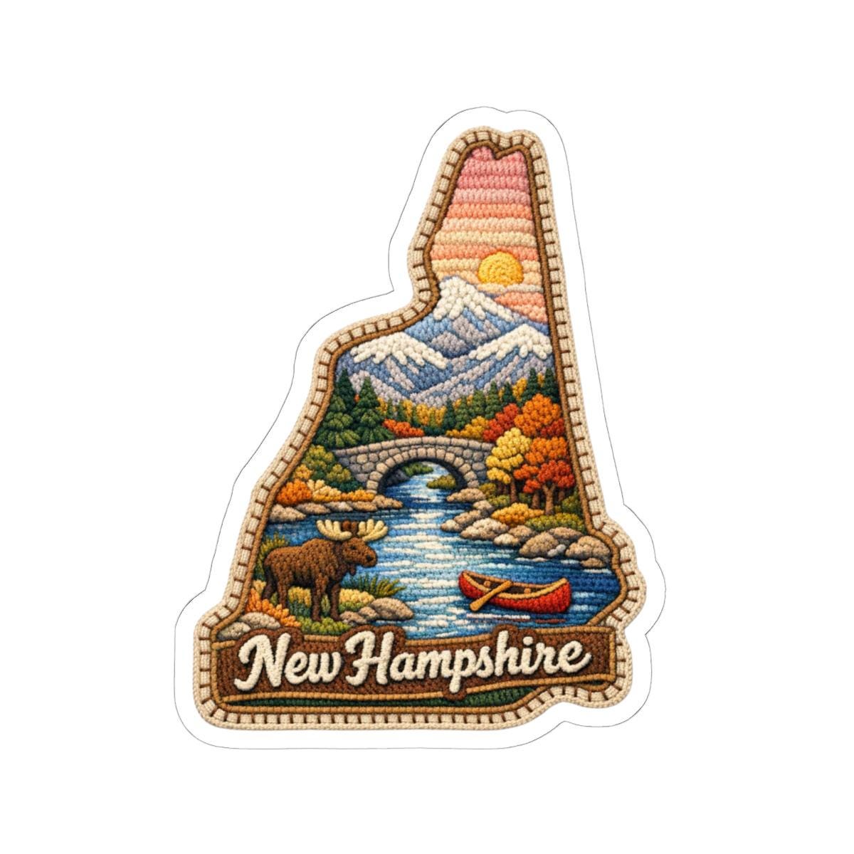 ColorFlow | New Hampshire Mountain Passage Vinyl Sticker | Covered Bridge River Moose and Alpine Autumn Art