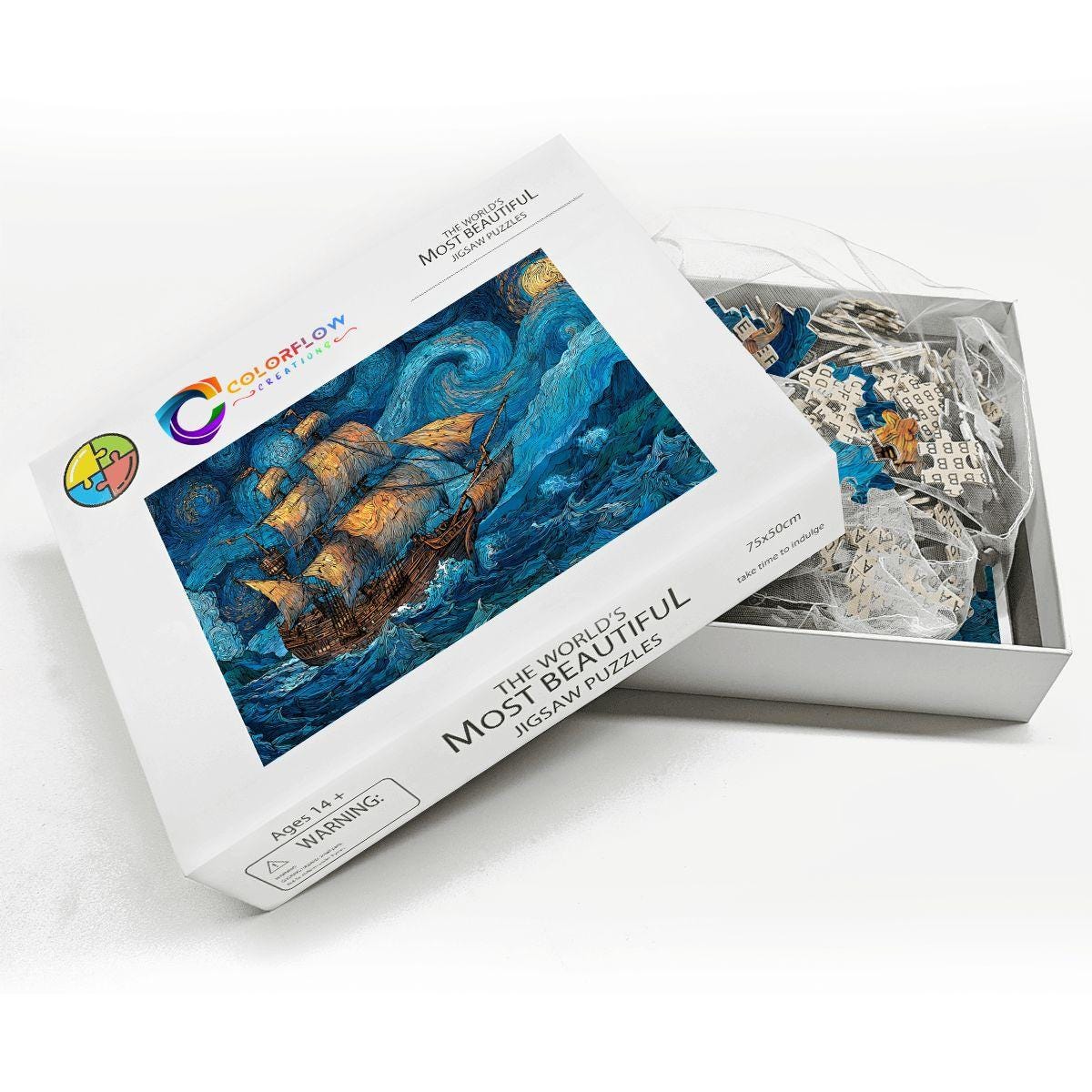 ColorFlow | Starry Voyage Tall Ship Wooden Jigsaw Puzzle Night Sky Art Inspired Puzzle
