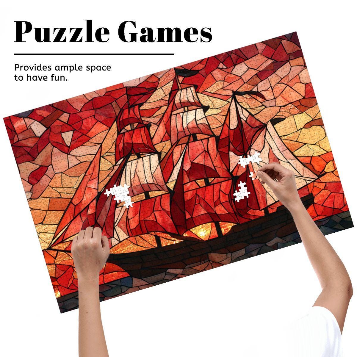 ColorFlow | Crimson Sails Stained Glass Style Wooden Jigsaw Puzzle Nautical Art Puzzle