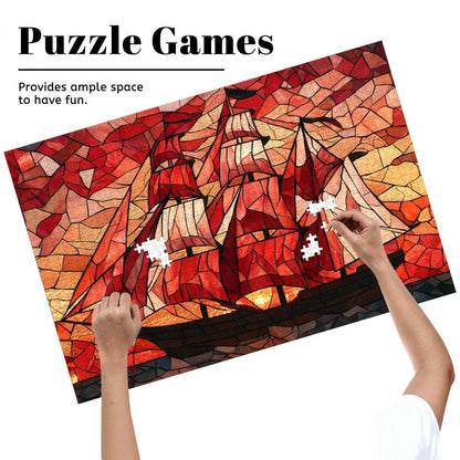 ColorFlow | Crimson Sails Stained Glass Style Wooden Jigsaw Puzzle Nautical Art Puzzle