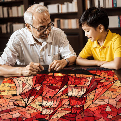 ColorFlow | Crimson Sails Stained Glass Style Wooden Jigsaw Puzzle Nautical Art Puzzle