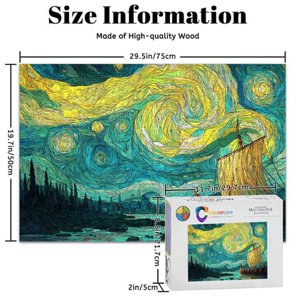 ColorFlow | Nordic Star Sail Wooden Jigsaw Puzzle Mythic Voyage Art Inspired Puzzle