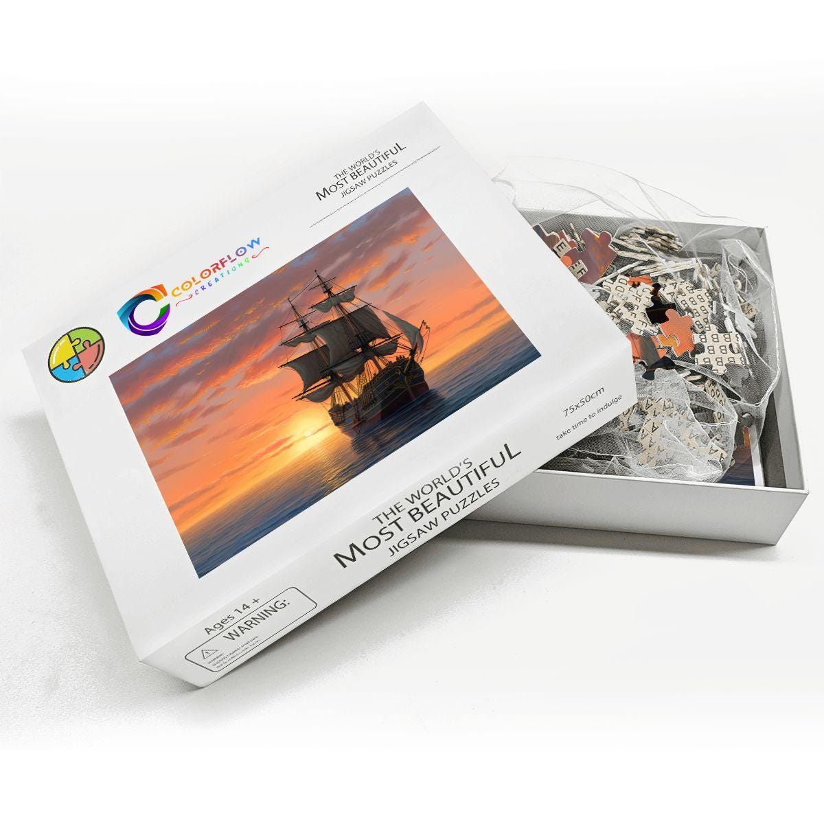 ColorFlow | Golden Horizon Tall Ship Wooden Jigsaw Puzzle Sunset Seascape Art Puzzle