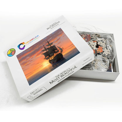 ColorFlow | Golden Horizon Tall Ship Wooden Jigsaw Puzzle Sunset Seascape Art Puzzle