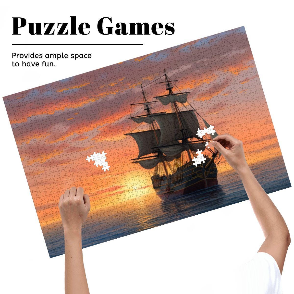 ColorFlow | Golden Horizon Tall Ship Wooden Jigsaw Puzzle Sunset Seascape Art Puzzle