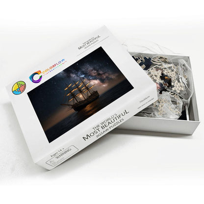 ColorFlow | Celestial Night Voyager Wooden Jigsaw Puzzle Star Filled Sky Nautical Art Puzzle