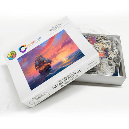 ColorFlow | Ember Sky Horizon Wooden Jigsaw Puzzle Sunset Sailing Art Inspired Puzzle