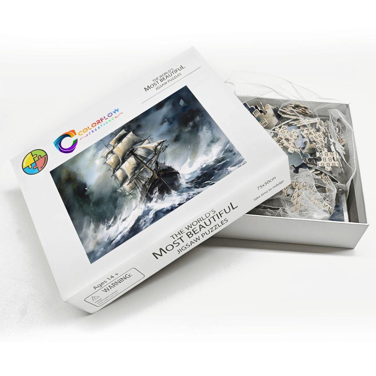 ColorFlow | Tempest Horizon Tall Ship Wooden Jigsaw Puzzle Stormy Sea Art Inspired Puzzle