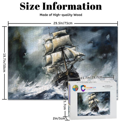 ColorFlow | Tempest Horizon Tall Ship Wooden Jigsaw Puzzle Stormy Sea Art Inspired Puzzle