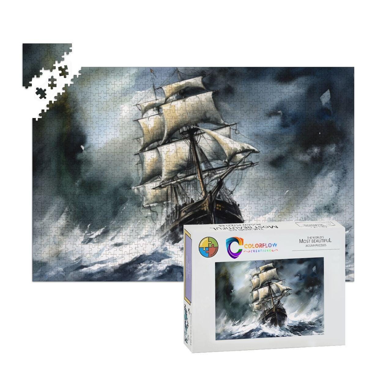 ColorFlow | Tempest Horizon Tall Ship Wooden Jigsaw Puzzle Stormy Sea Art Inspired Puzzle