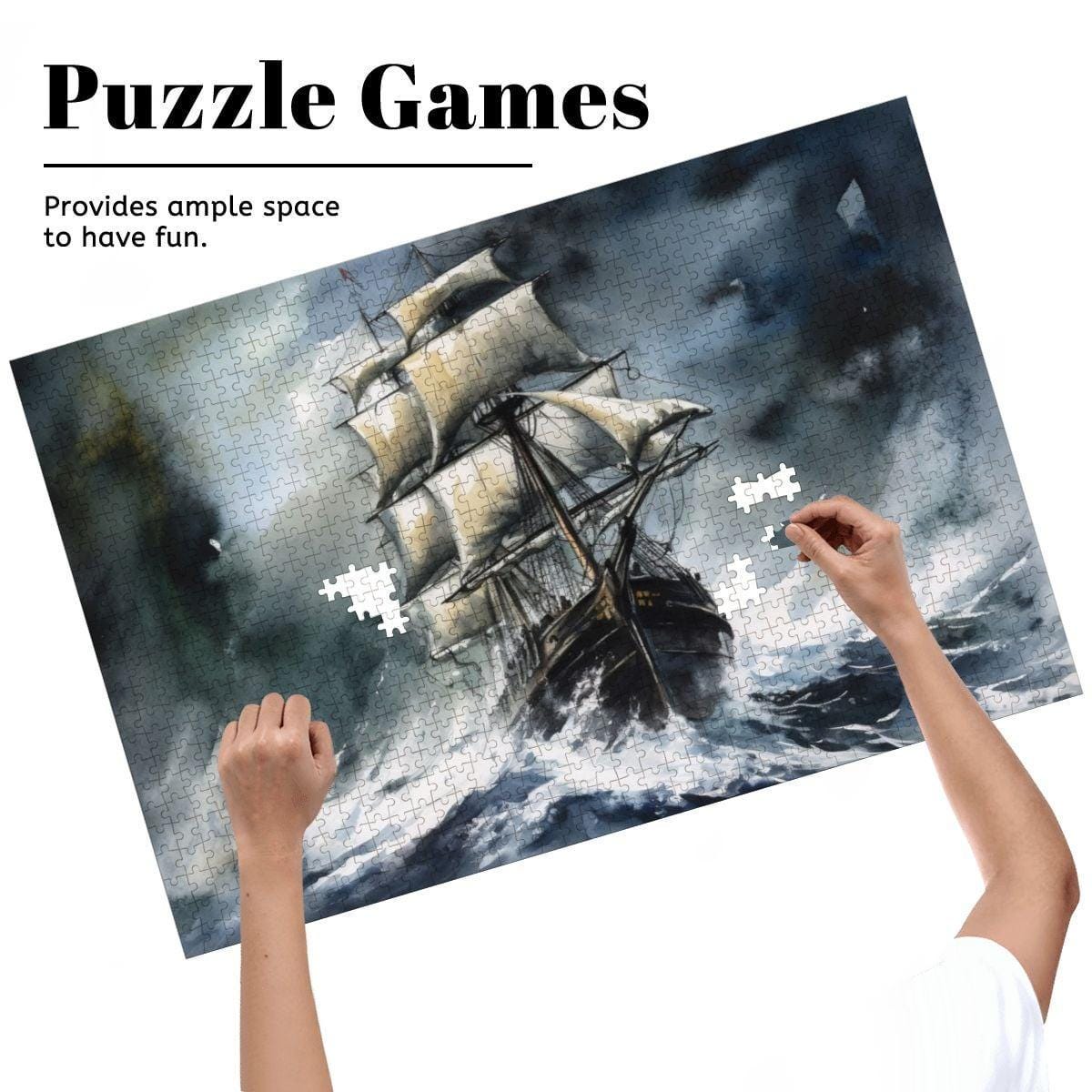 ColorFlow | Tempest Horizon Tall Ship Wooden Jigsaw Puzzle Stormy Sea Art Inspired Puzzle