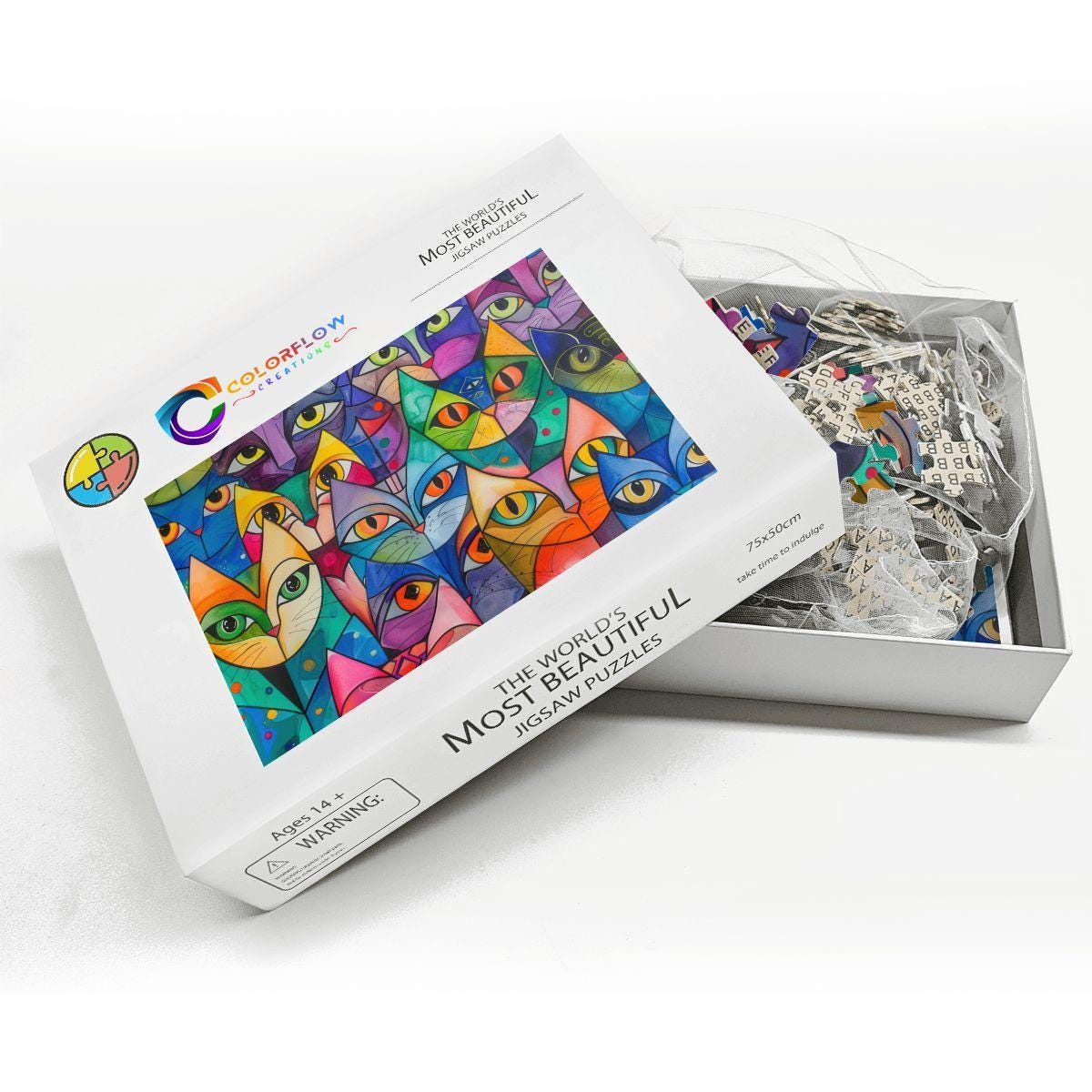 ColorFlow | Kaleidoscope Cat Collective Wooden Jigsaw Puzzle Colorful Modern Art Puzzle