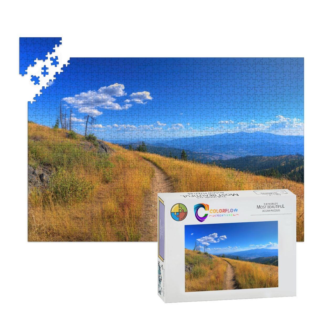 ColorFlow | Sunlit Mountain Trail Wooden Jigsaw Puzzle Peaceful Landscape Art Inspired Puzzle