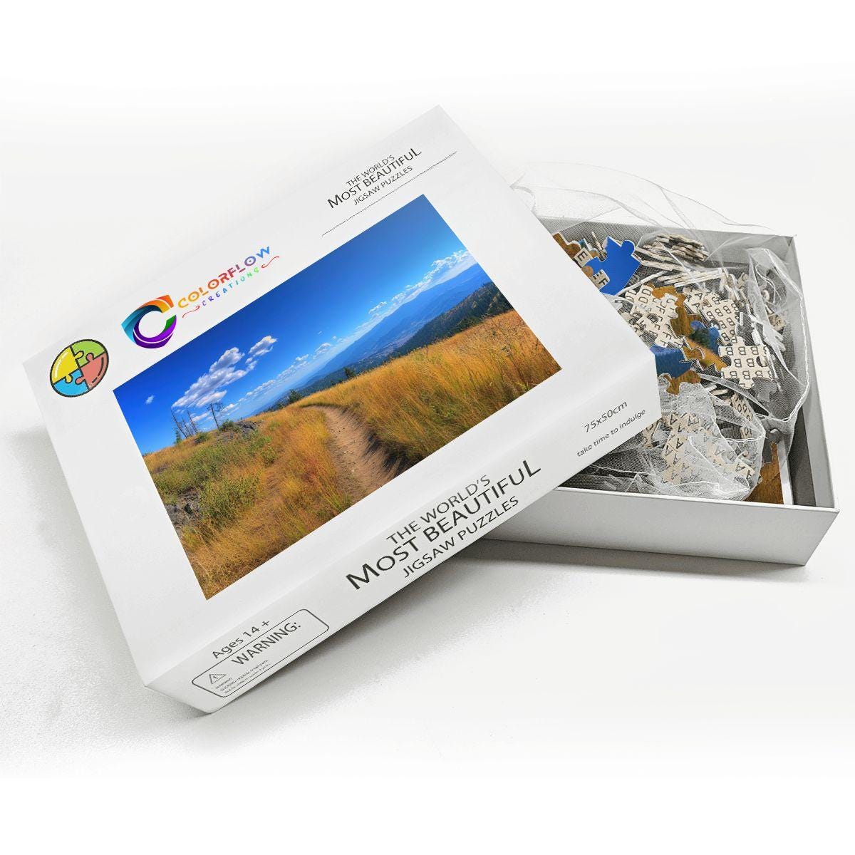 ColorFlow | Sunlit Mountain Trail Wooden Jigsaw Puzzle Peaceful Landscape Art Inspired Puzzle