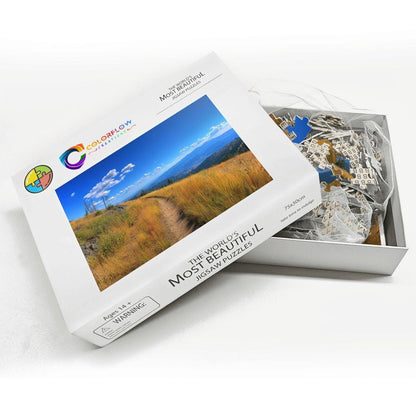 ColorFlow | Sunlit Mountain Trail Wooden Jigsaw Puzzle Peaceful Landscape Art Inspired Puzzle