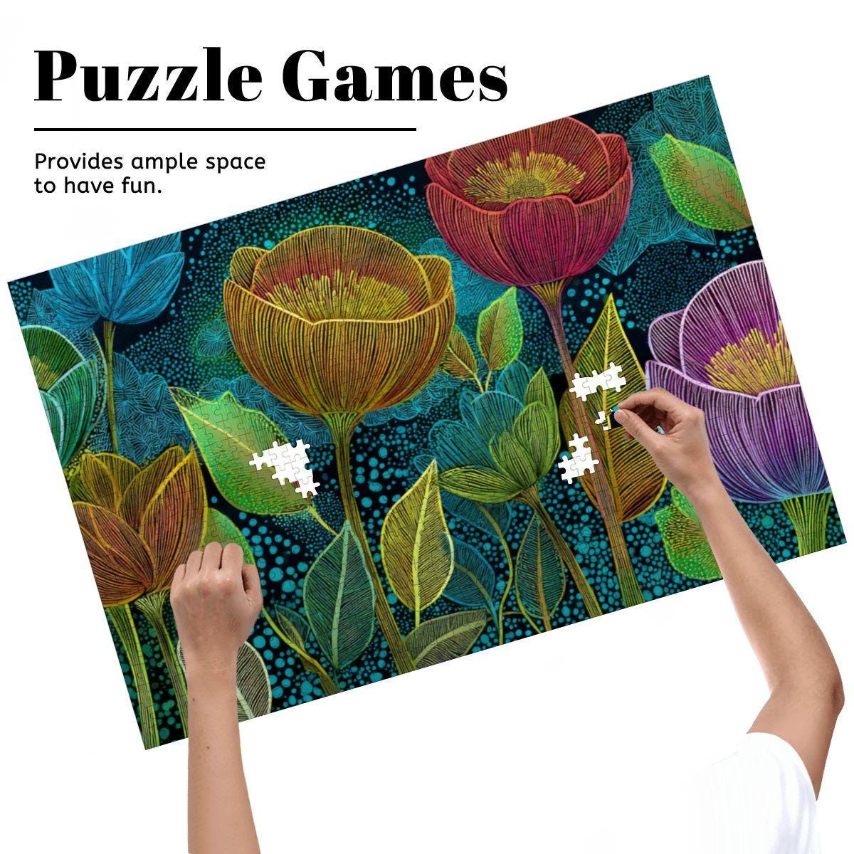 ColorFlow | Midnight Floral Radiance Wooden Jigsaw Puzzle Modern Botanical Art Puzzle