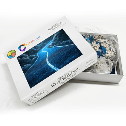 ColorFlow | Blue Path Into the Unknown Wooden Jigsaw Puzzle Surreal Journey Art Puzzle