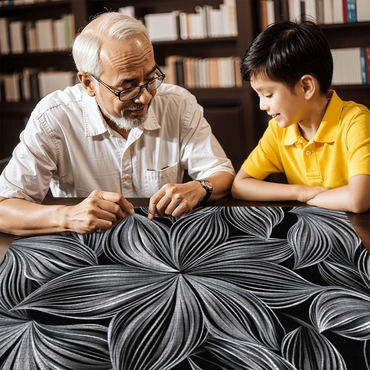 ColorFlow | Monochrome Petal Harmony Wooden Jigsaw Puzzle Minimal Floral Line Art Puzzle