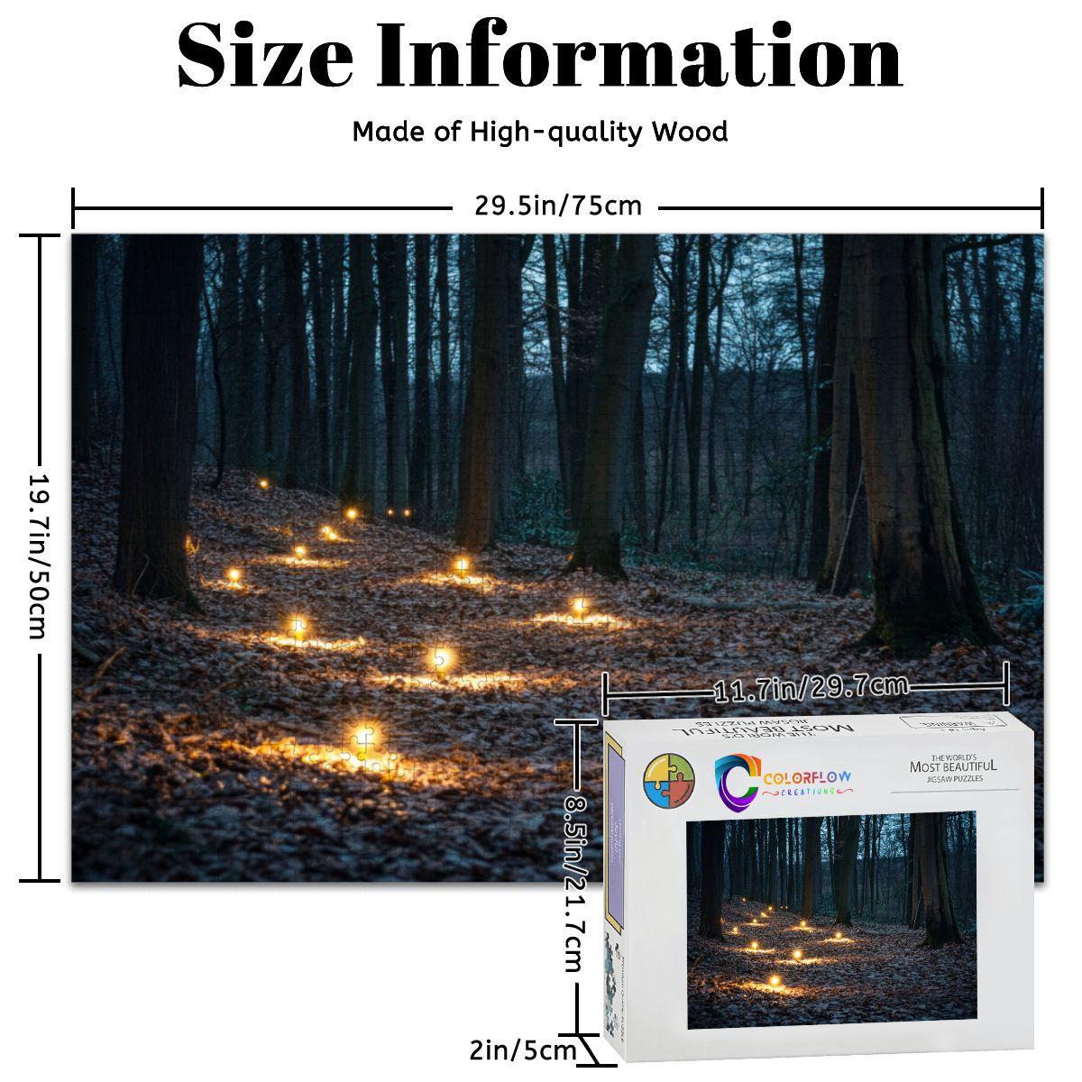 ColorFlow | Enchanted Lantern Forest Wooden Jigsaw Puzzle Mystical Woodland Light Art Puzzle
