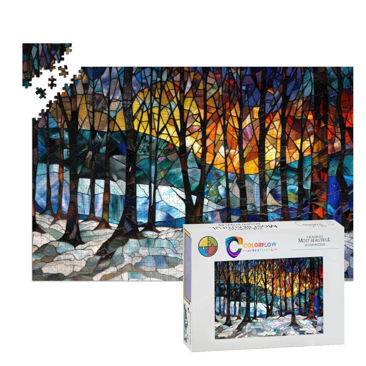 ColorFlow | Stained Glass Winter Grove Wooden Jigsaw Puzzle Luminous Forest Art Inspired Puzzle