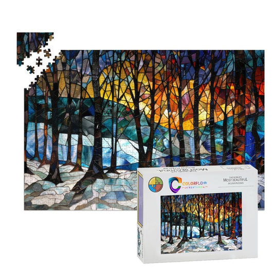 ColorFlow | Stained Glass Winter Grove Wooden Jigsaw Puzzle Luminous Forest Art Inspired Puzzle