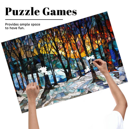 ColorFlow | Stained Glass Winter Grove Wooden Jigsaw Puzzle Luminous Forest Art Inspired Puzzle