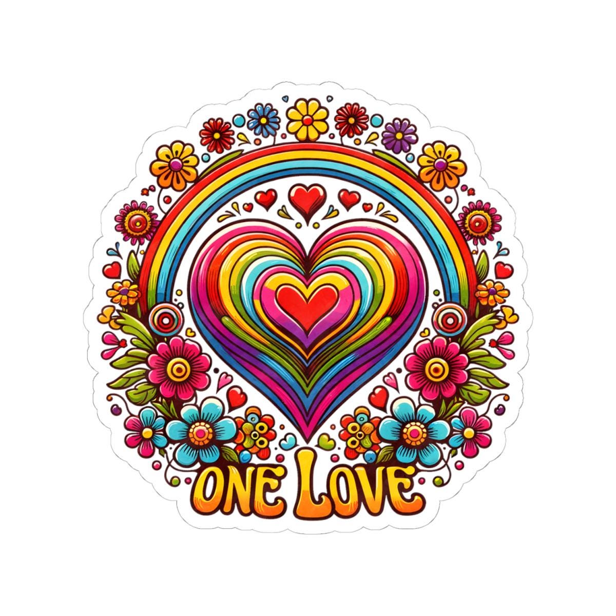 ColorFlow | One Love Rainbow Heart Floral Retro Hippie Art Vinyl Sticker