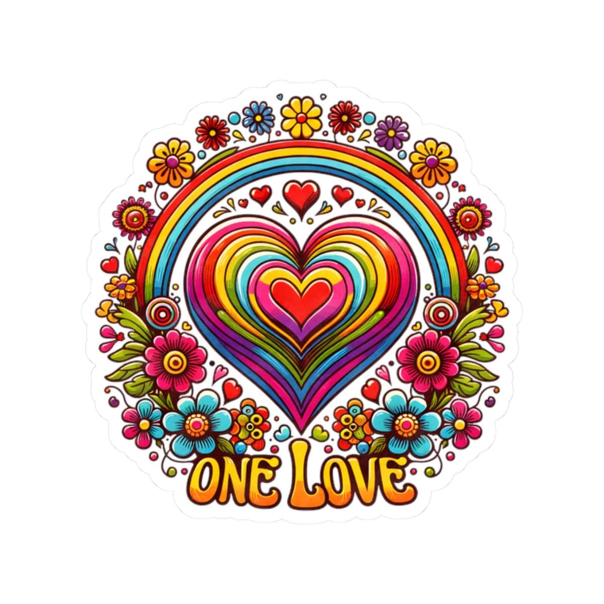 ColorFlow | One Love Rainbow Heart Floral Retro Hippie Art Vinyl Sticker