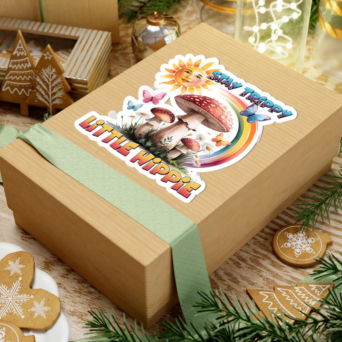 ColorFlow | Stay Trippy Little Hippie Smiling Sun Mushroom Rainbow Art Vinyl Sticker