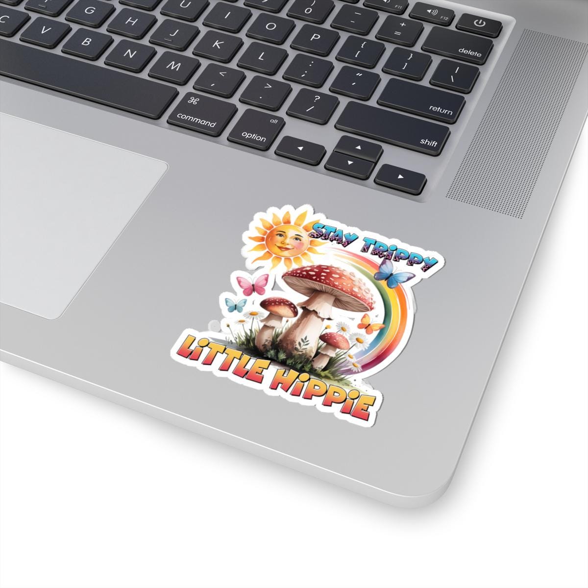 ColorFlow | Stay Trippy Little Hippie Smiling Sun Mushroom Rainbow Art Vinyl Sticker