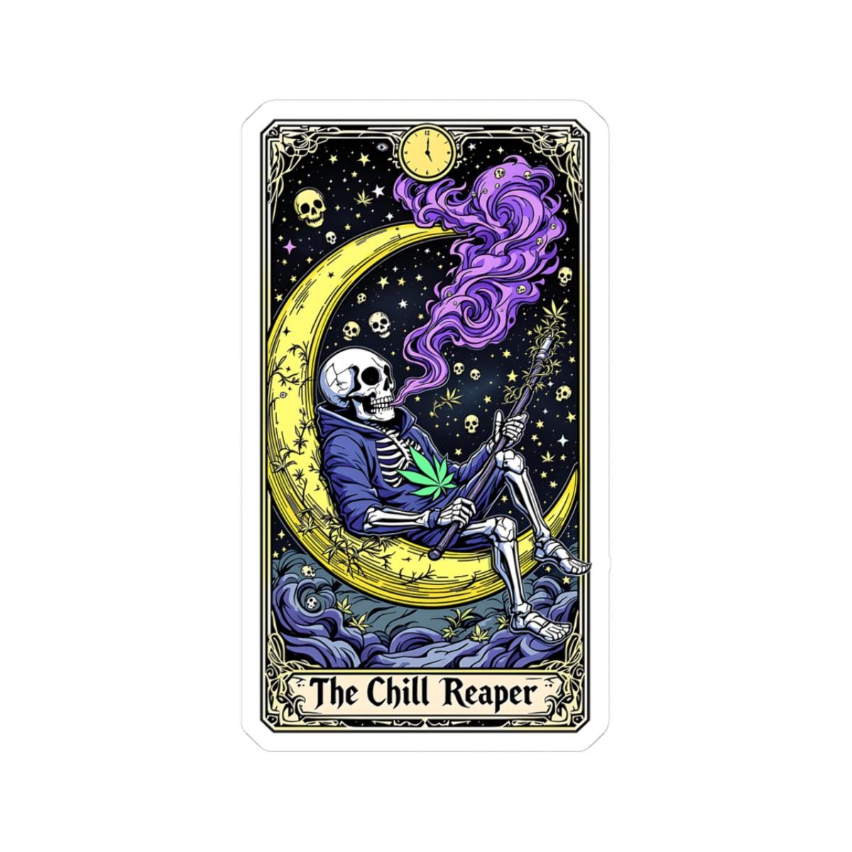 ColorFlow | The Chill Reaper Tarot Style Vinyl Sticker | Cosmic Skeleton Moon Art with Psychedelic Smoke Design