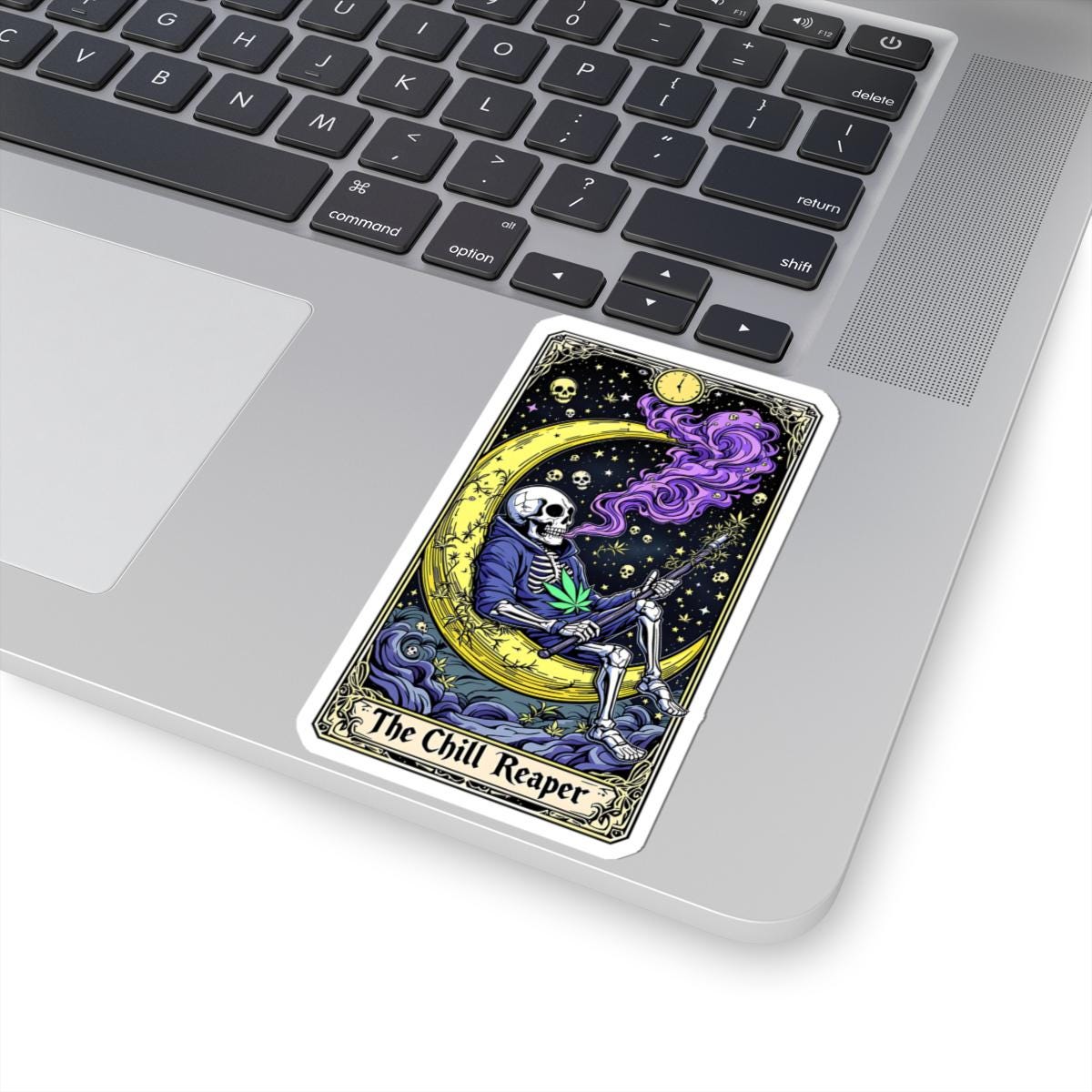 ColorFlow | The Chill Reaper Tarot Style Vinyl Sticker | Cosmic Skeleton Moon Art with Psychedelic Smoke Design