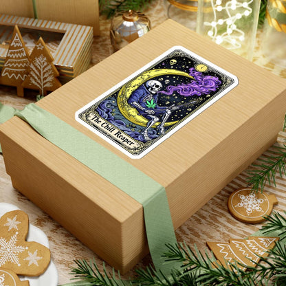 ColorFlow | The Chill Reaper Tarot Style Vinyl Sticker | Cosmic Skeleton Moon Art with Psychedelic Smoke Design