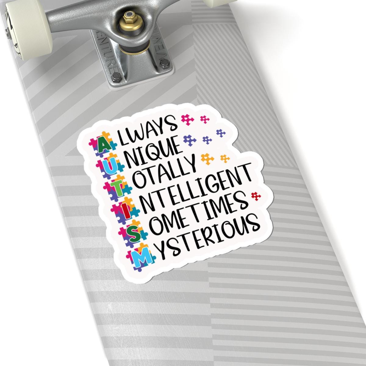 ColorFlow | Always Unique Totally Intelligent Sometimes Mysterious Vinyl Sticker | Colorful Puzzle Piece Autism Pride Design