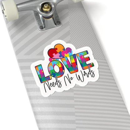 ColorFlow | Love Needs No Words Vinyl Sticker | Puzzle Heart Autism Acceptance Message Design