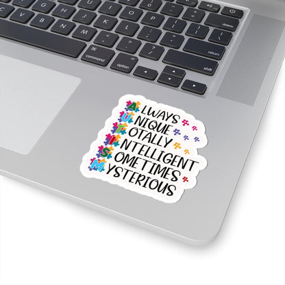 ColorFlow | Always Unique Totally Intelligent Sometimes Mysterious Vinyl Sticker | Colorful Puzzle Piece Autism Pride Design