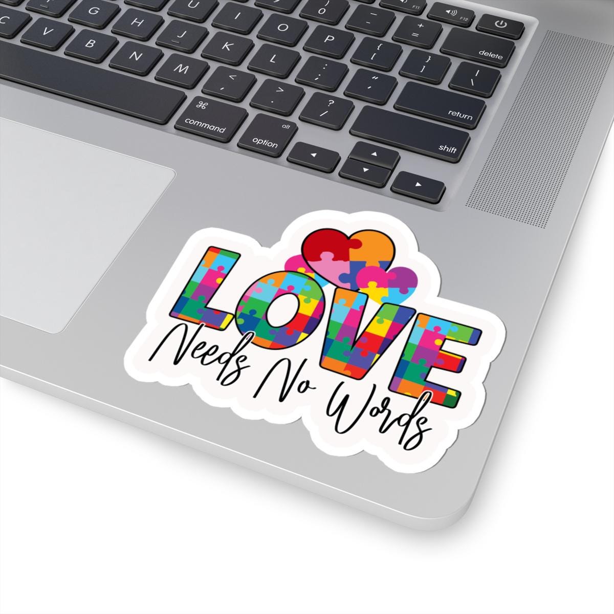 ColorFlow | Love Needs No Words Vinyl Sticker | Puzzle Heart Autism Acceptance Message Design