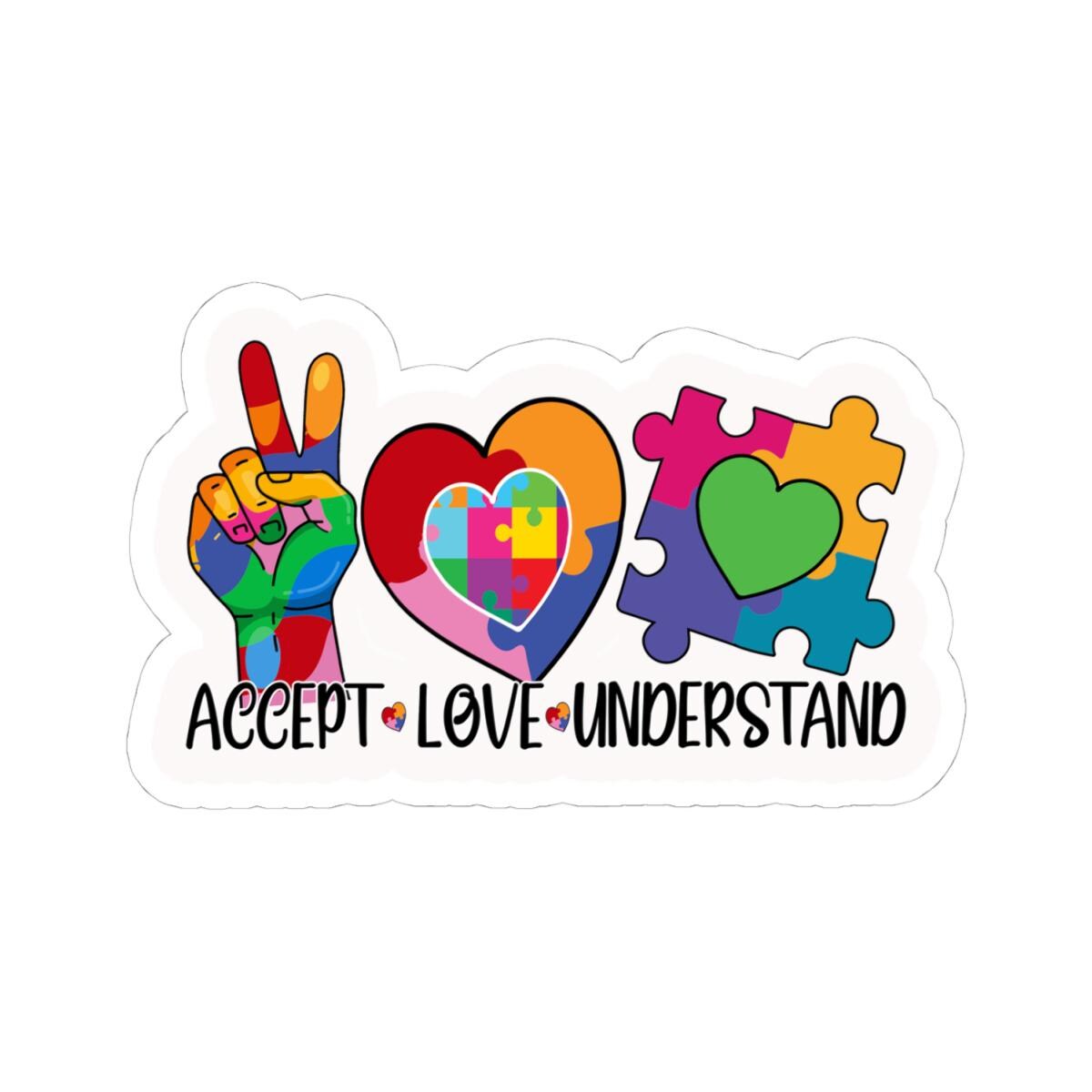 ColorFlow | Accept Love Understand Vinyl Sticker | Autism Acceptance Puzzle Hearts Peace Sign Design