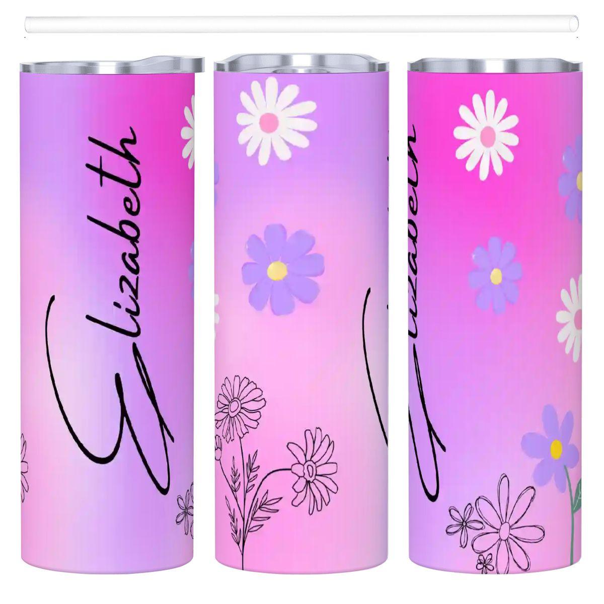ColorFlow | Blush Sunset Daisy Custom Name 20oz Skinny Stainless Steel Tumbler With Straw Personalized Floral Gift For Her