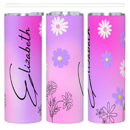 ColorFlow | Blush Sunset Daisy Custom Name 20oz Skinny Stainless Steel Tumbler With Straw Personalized Floral Gift For Her