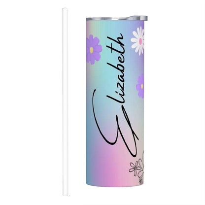 ColorFlow | Dreamy Pastel Rainbow Daisy 20oz Skinny Stainless Steel Tumbler With Straw Personalized Custom Name Floral Gift
