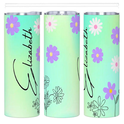 ColorFlow | Fresh Mint Meadow Daisy Personalized 20oz Skinny Stainless Steel Tumbler With Straw Custom Floral Name Gift